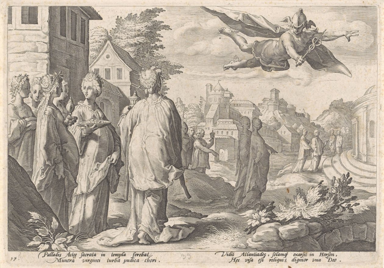 Mercurius en Herse Metamorfosen van Ovidius (sorozat címe) alkotó: Hendrick Goltzius (workshop of)