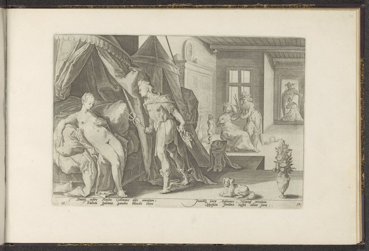 Mercurius a Herses kamerában Ovidius metamorfózisai (sorozat címe) A Herescheppingen van P. Ovidius Naso (sorozat címe) alkotó: Hendrick Goltzius (workshop of)