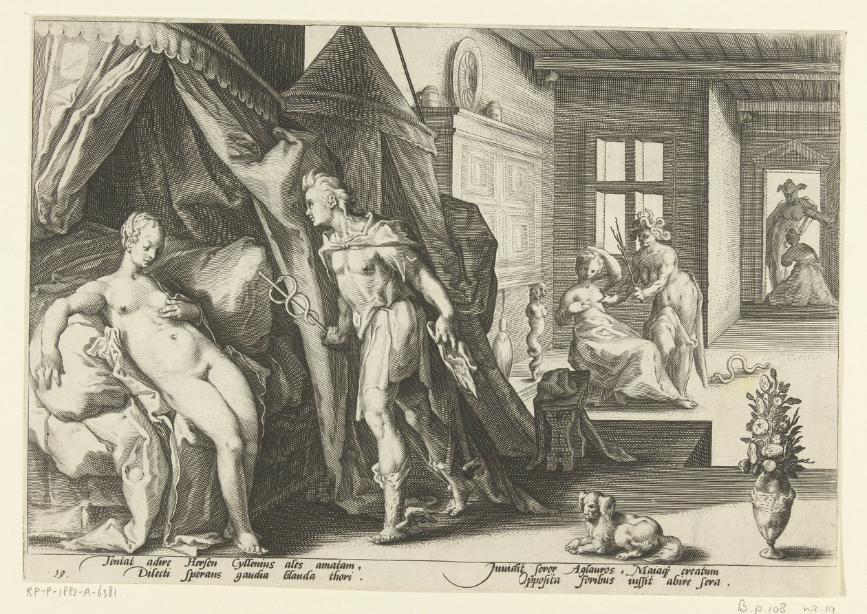 Mercurius a Herses kamerában Ovidius metamorfózisai (sorozat címe) alkotó: Hendrick Goltzius (workshop of)