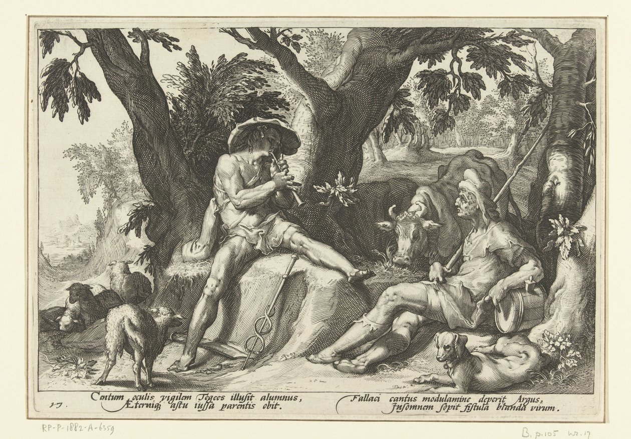 Mercury furulyázik Argusnak Ovidius metamorfózisai (sorozat címe) alkotó: Hendrick Goltzius (workshop of)