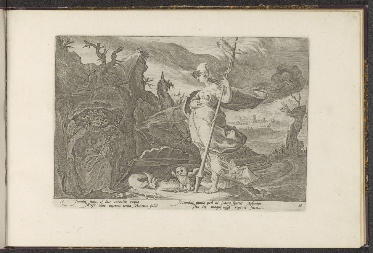 Minerva megkéri Envyt, hogy szítsa féltékenységét Aglaurosban Ovidius metamorfózisai (sorozat címe) P. Ovidius Naso újraalkotásai (sorozat címe) alkotó: Hendrick Goltzius (workshop of)