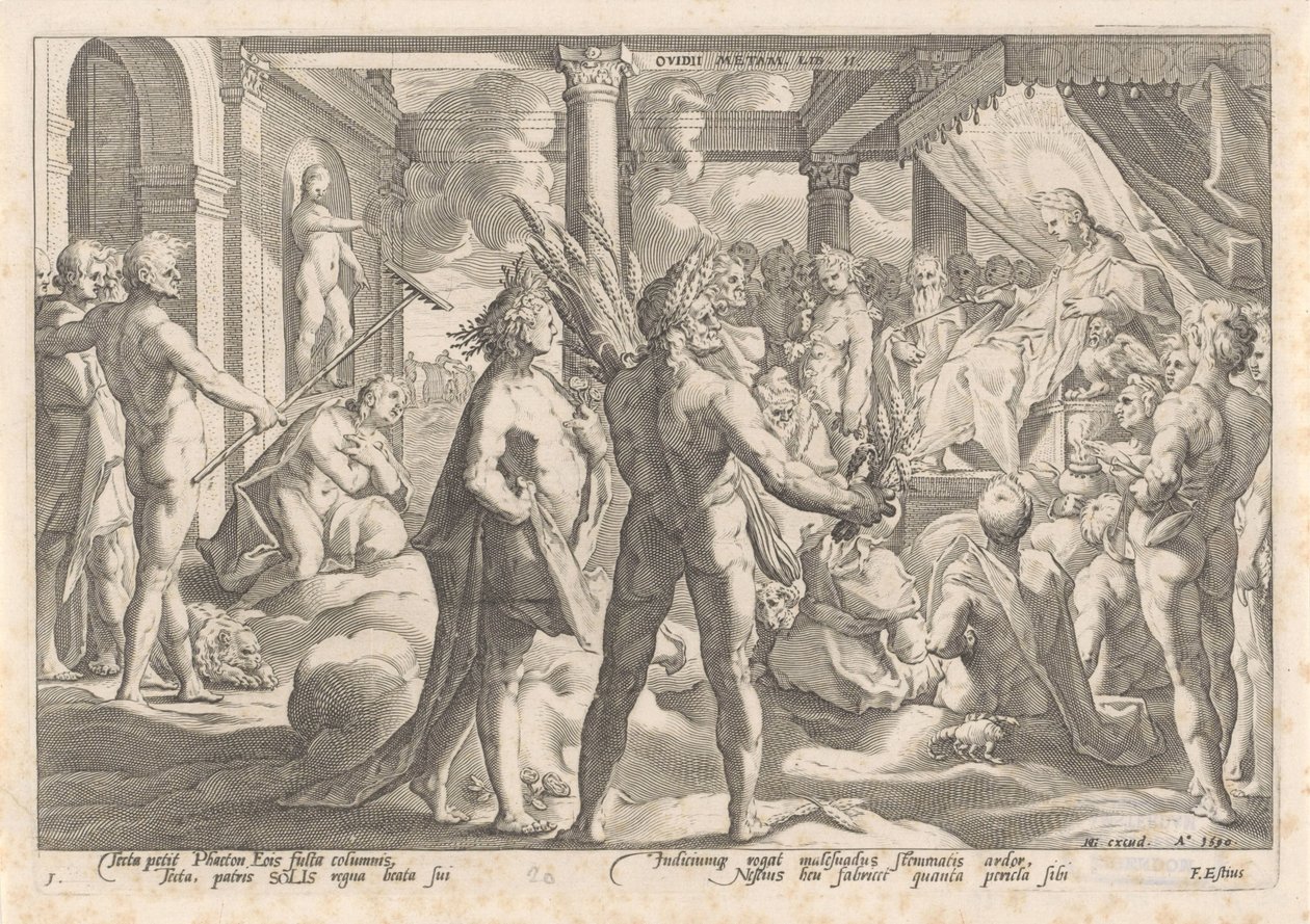 Phaëthon megkérdezi Apollótól, hogy lovagolhat-e a szekerén Ovidius metamorfózisai (sorozat címe) alkotó: Hendrick Goltzius (workshop of)
