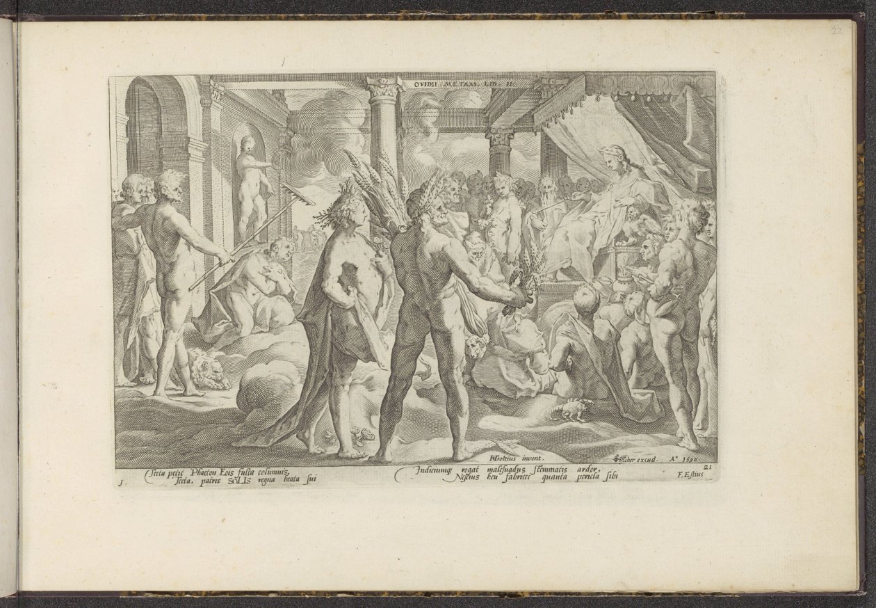 Phaëton in het paleis van Helios Ovidius Meta. Lib. II (cím a tárgyon) Ovidius Metamorfosen (sorozat címe) Herscheppingen van P. Ovidius Naso (sorozat címe) alkotó: Hendrick Goltzius (workshop of)