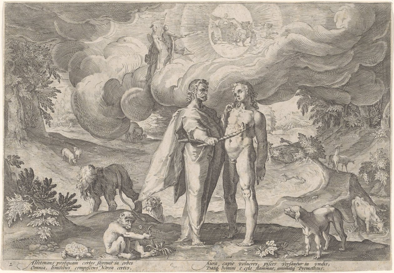 Prométheusz megalkotja az első embert Ovidius metamorfózisai (sorozat címe) alkotó: Hendrick Goltzius (workshop of)