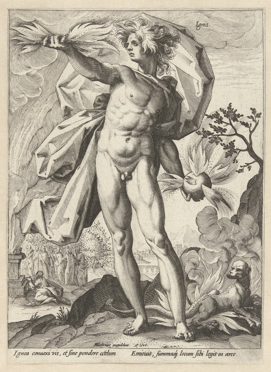 Tüzijáték Ignis (cím az objektumon) A négy elem (sorozat címe) alkotó: Hendrick Goltzius (workshop of)