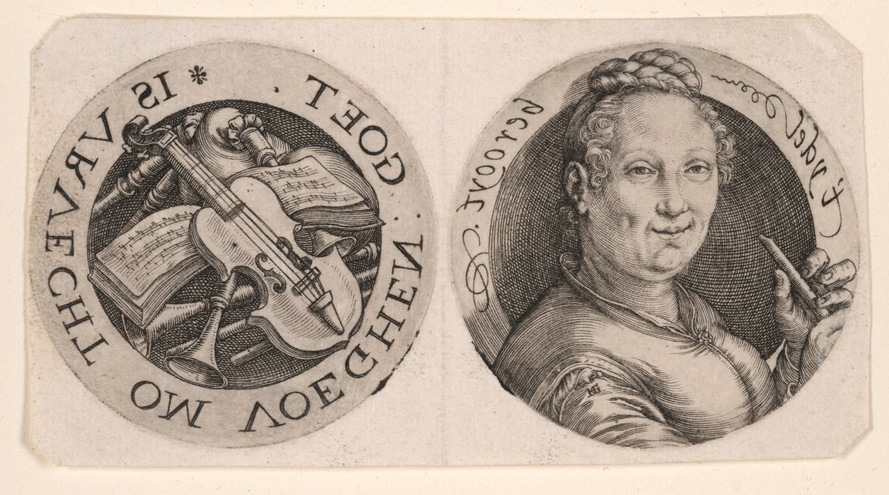 Fuvolát tartó nő mellképe és hangszerek, egy lapon alkotó: Hendrick Goltzius