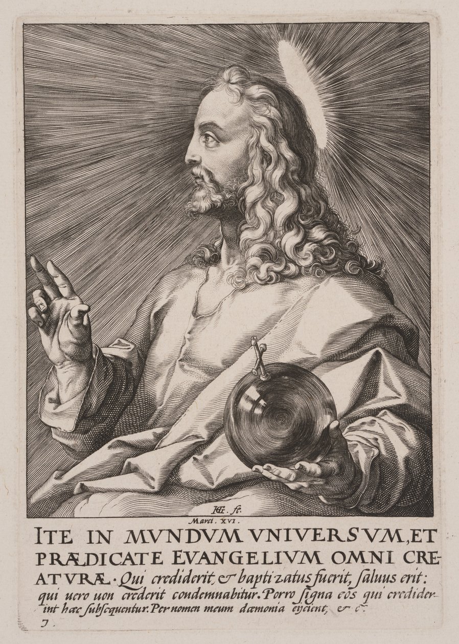 Krisztus (mint Salvator Mundi), Krisztustól, az apostoloktól és Szent Páltól a Hitvallással együtt. alkotó: Hendrick Goltzius