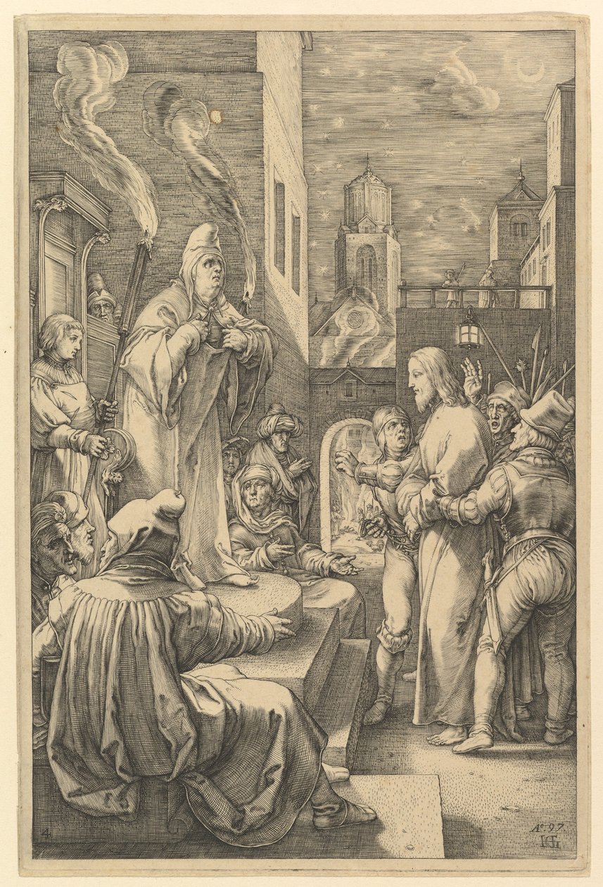 Krisztus Kajafás előtt, „Krisztus szenvedése” című műből alkotó: Hendrick Goltzius
