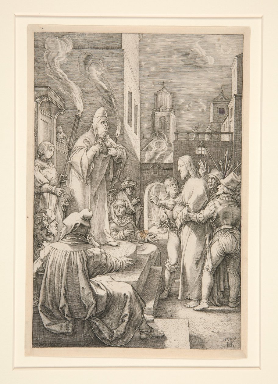 Krisztus Kaifás előtt, 4. tábla a Krisztus szenvedése című sorozatból alkotó: Hendrick Goltzius