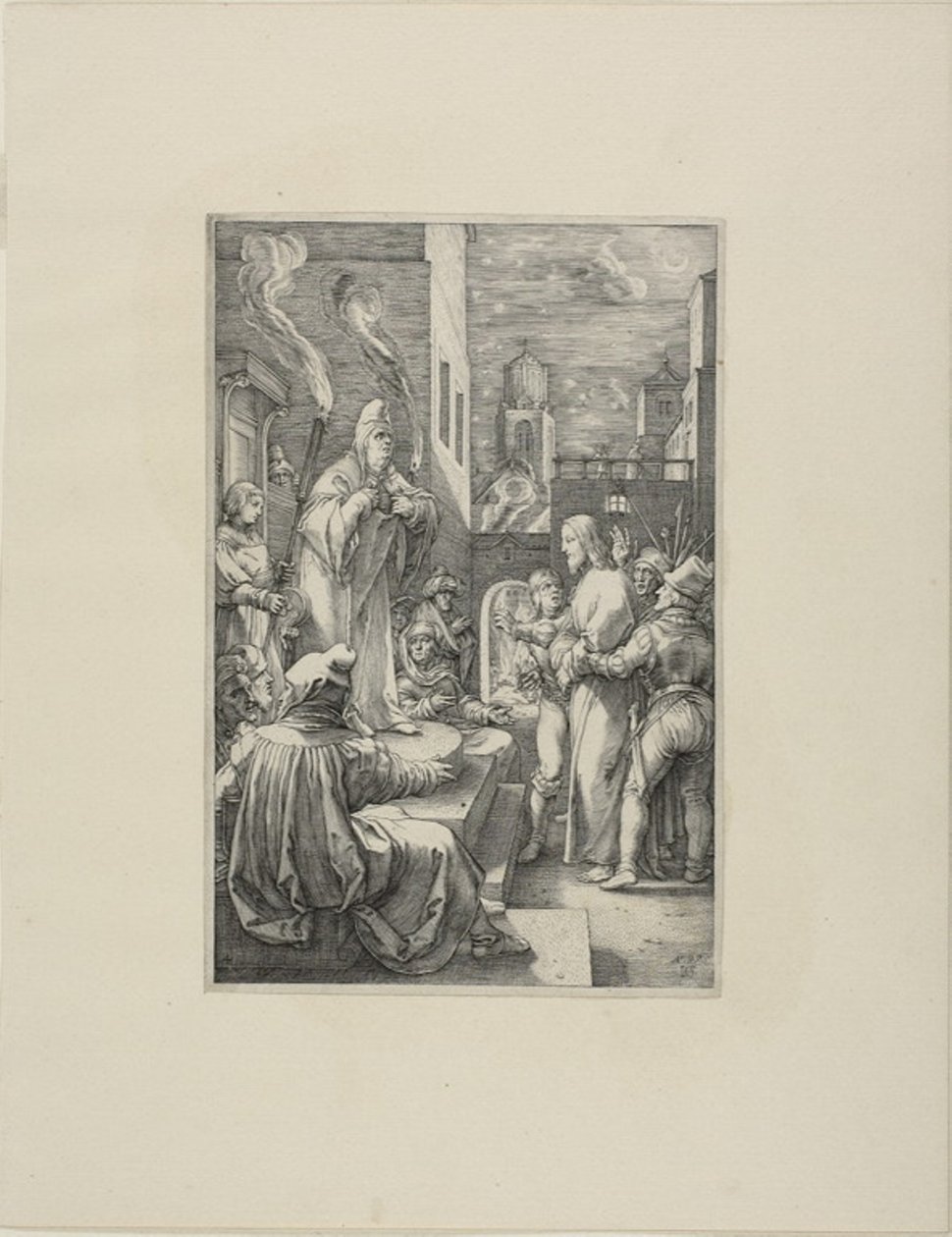 Krisztus Kajafás előtt, negyedik tábla Krisztus szenvedéséből alkotó: Hendrick Goltzius