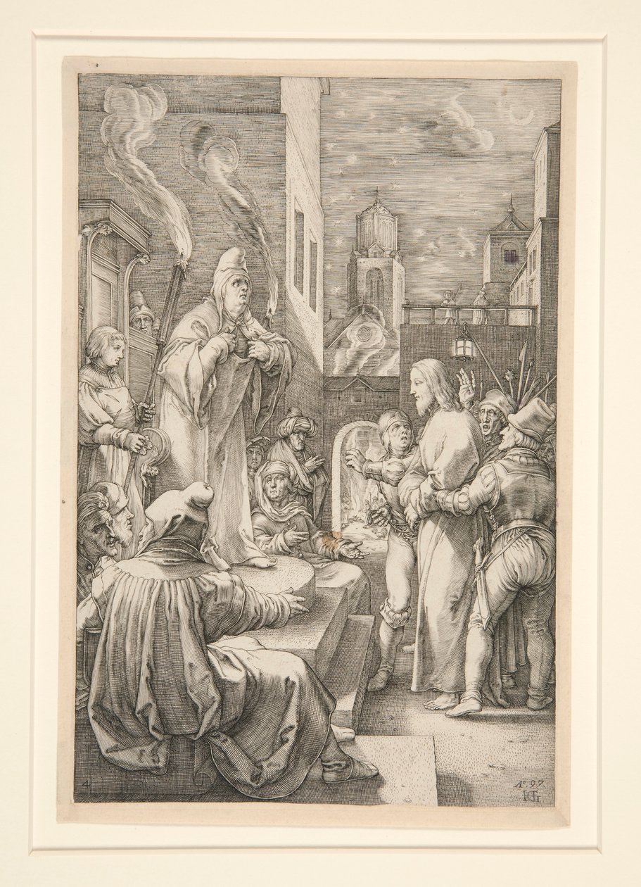 Krisztus Kaifás előtt, a Passióból, 4. 12 metszetből álló sorozatban alkotó: Hendrick Goltzius