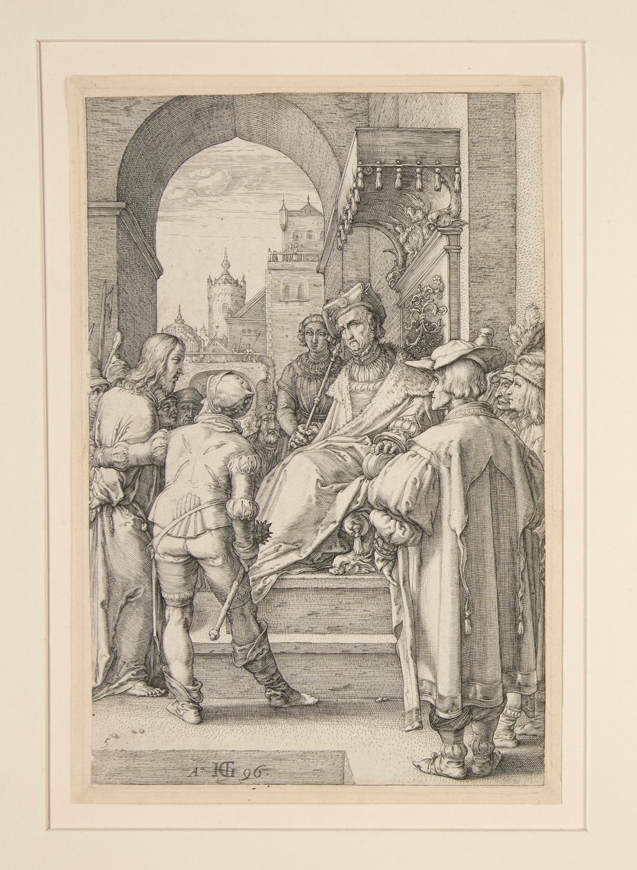 Krisztus Pilátus előtt, a Passióból, 5. 12 metszetből álló sorozatban alkotó: Hendrick Goltzius