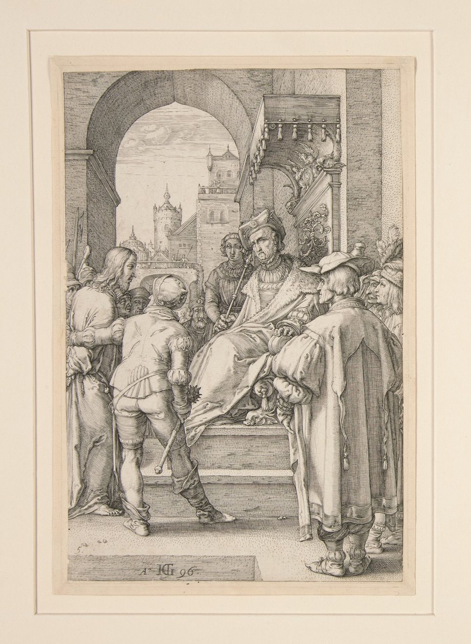 Krisztus Pilátus előtt, az „Krisztus szenvedése” című sorozat 5. táblája alkotó: Hendrick Goltzius