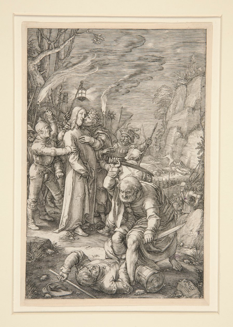 Krisztus fogságba esett (Krisztus elárulása), a Passióból, 3. 12 metszetből álló sorozatban alkotó: Hendrick Goltzius
