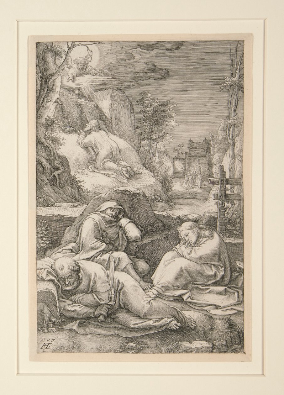 Krisztus az Olajfák hegyén (Az agónia a kertben), a Passióból, 2. egy 12 metszetből álló sorozatban alkotó: Hendrick Goltzius