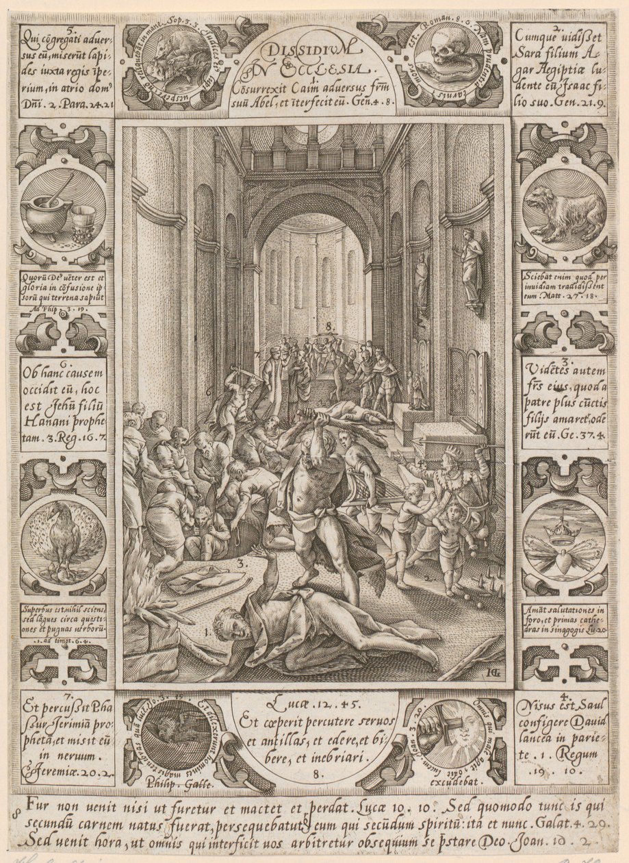 Dissidium in Ecclesia, a „A keresztény hit allegóriái” című sorozat 8. lapja alkotó: Hendrick Goltzius
