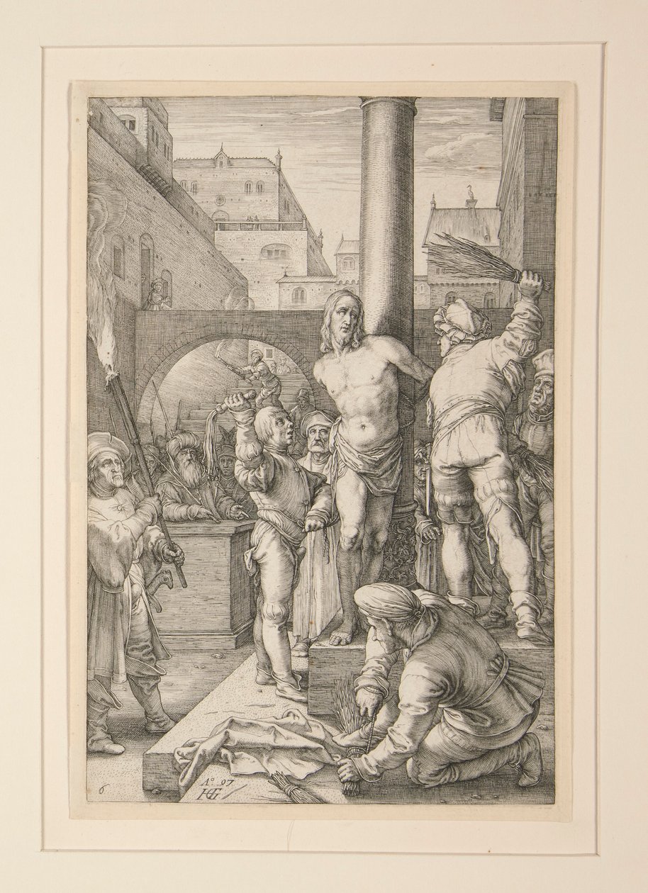 Krisztus megkorbácsolása, a Passióból, 6. 12 metszetből álló sorozatban alkotó: Hendrick Goltzius