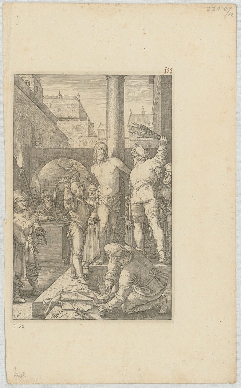 Krisztus megkorbácsolása, a „Passió” sorozat 6. lapja alkotó: Hendrick Goltzius