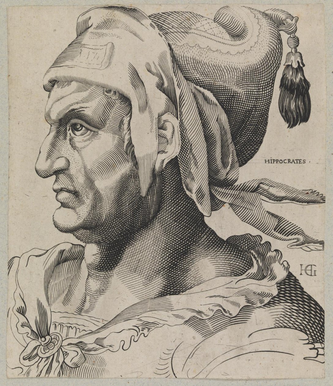 Hippokratész. Egy férfi mellszobra profilban alkotó: Hendrick Goltzius