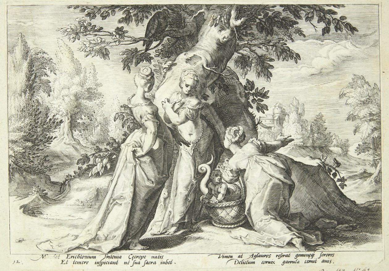 Kekrop lányai kinyitják a Minerva által rájuk bízott kosarat alkotó: Hendrick Goltzius