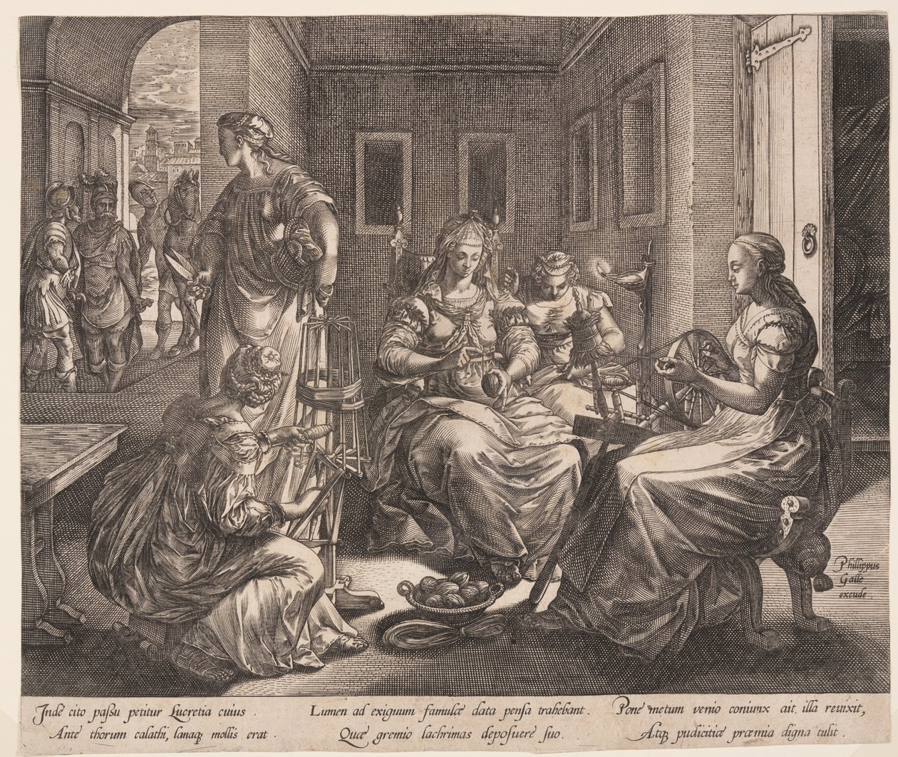 Lucretia és a fonó asszonyok, a Lucretia történetéből alkotó: Hendrick Goltzius