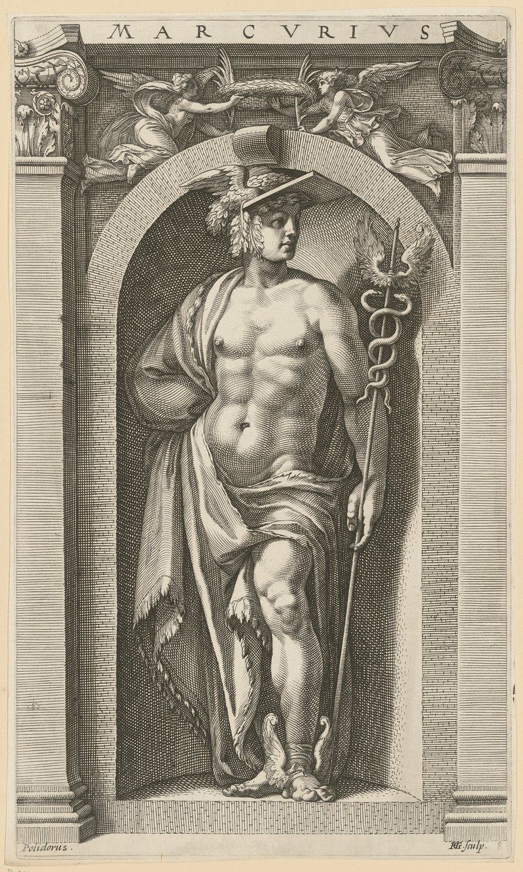 Merkúr, a „Nyolc ókori istenség” sorozat 8. lapja alkotó: Hendrick Goltzius