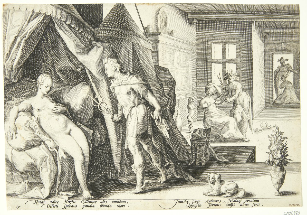 Mercury belép Herse szobájába, miután kővé változtatta Agraulost alkotó: Hendrick Goltzius