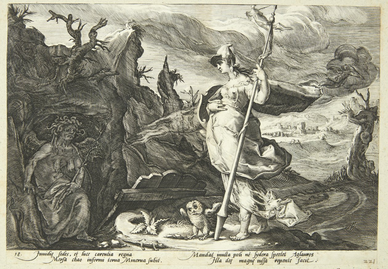 Minerva megparancsolja az irigységnek, hogy féltékenységgel töltse el Agraulos szívét alkotó: Hendrick Goltzius