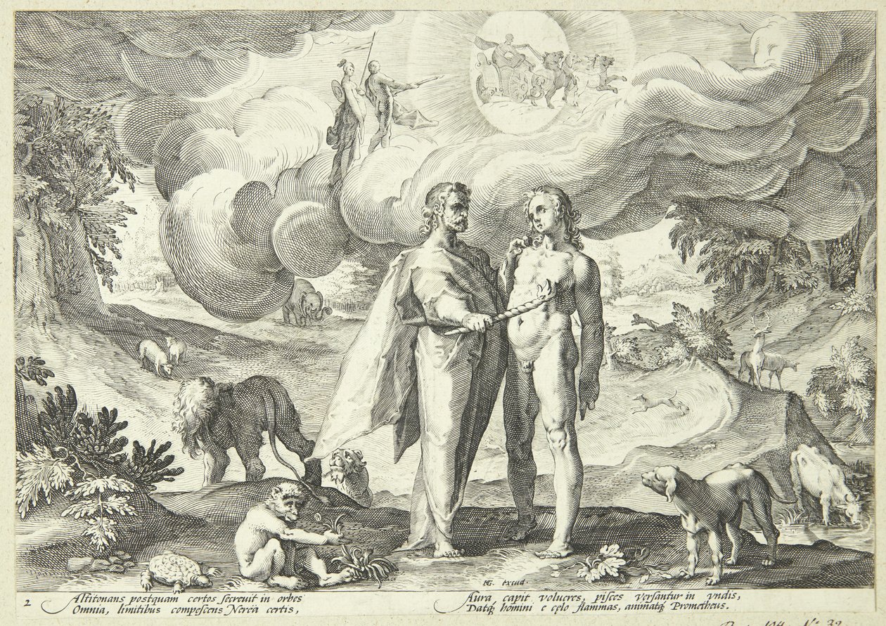Prométheusz megteremti az embert, és mennyei tűzzel ad neki életet alkotó: Hendrick Goltzius