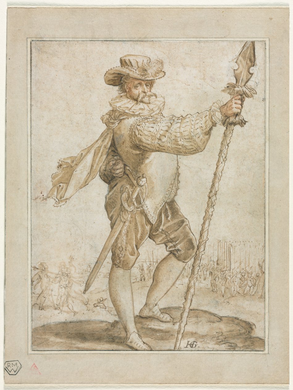 Állandó tiszt, aki egy vaddisznó lándzsát tart alkotó: Hendrick Goltzius