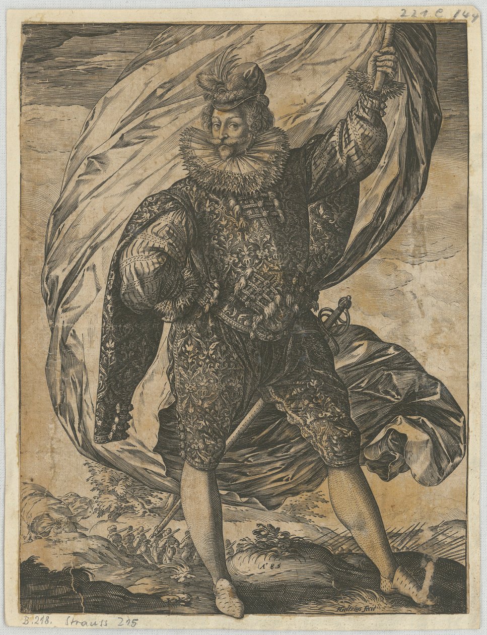 Álló zászlóvivő, fejét balra fordítva alkotó: Hendrick Goltzius