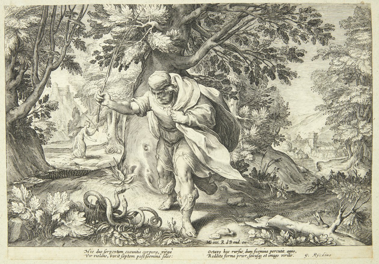 Teiresias botjával megüt két párosodó kígyót alkotó: Hendrick Goltzius