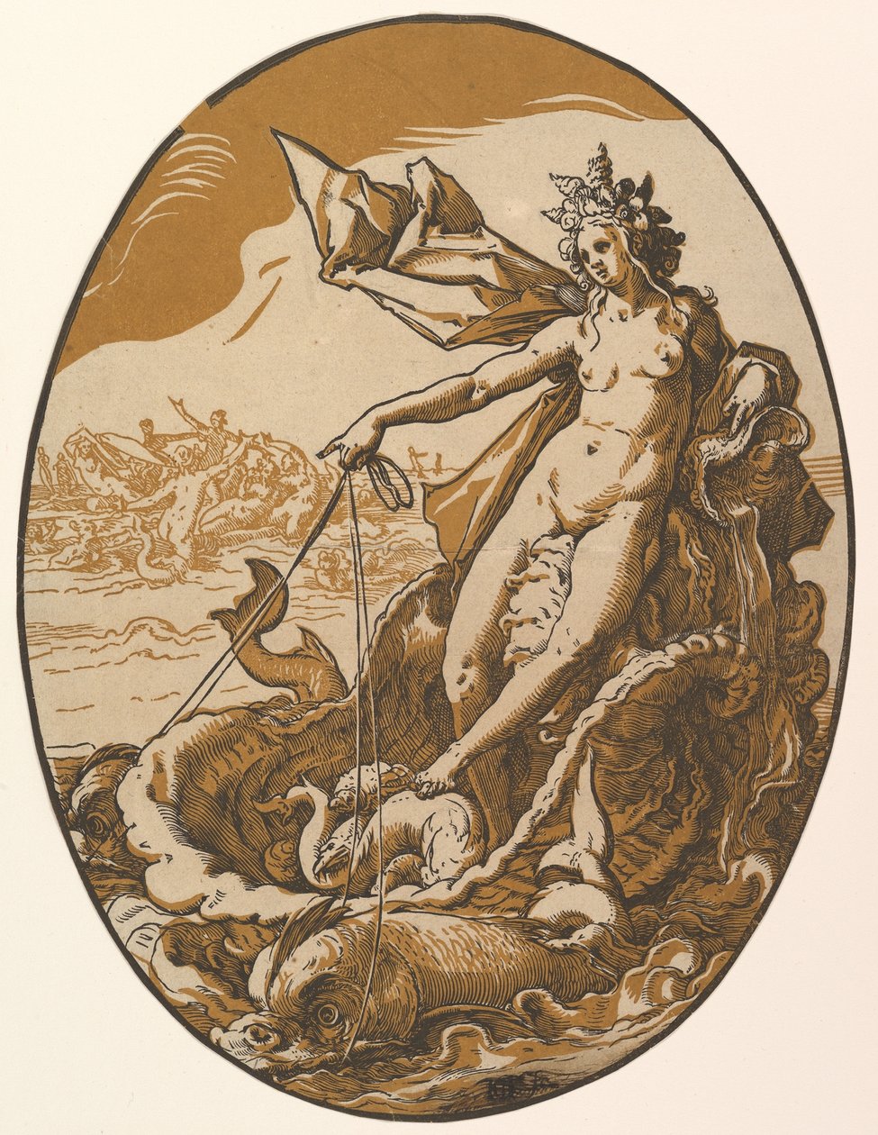 Téthüsz két tengeri lény által vontatott óriási kagylószekéren fekve, az „Istenségek” című sorozatból alkotó: Hendrick Goltzius