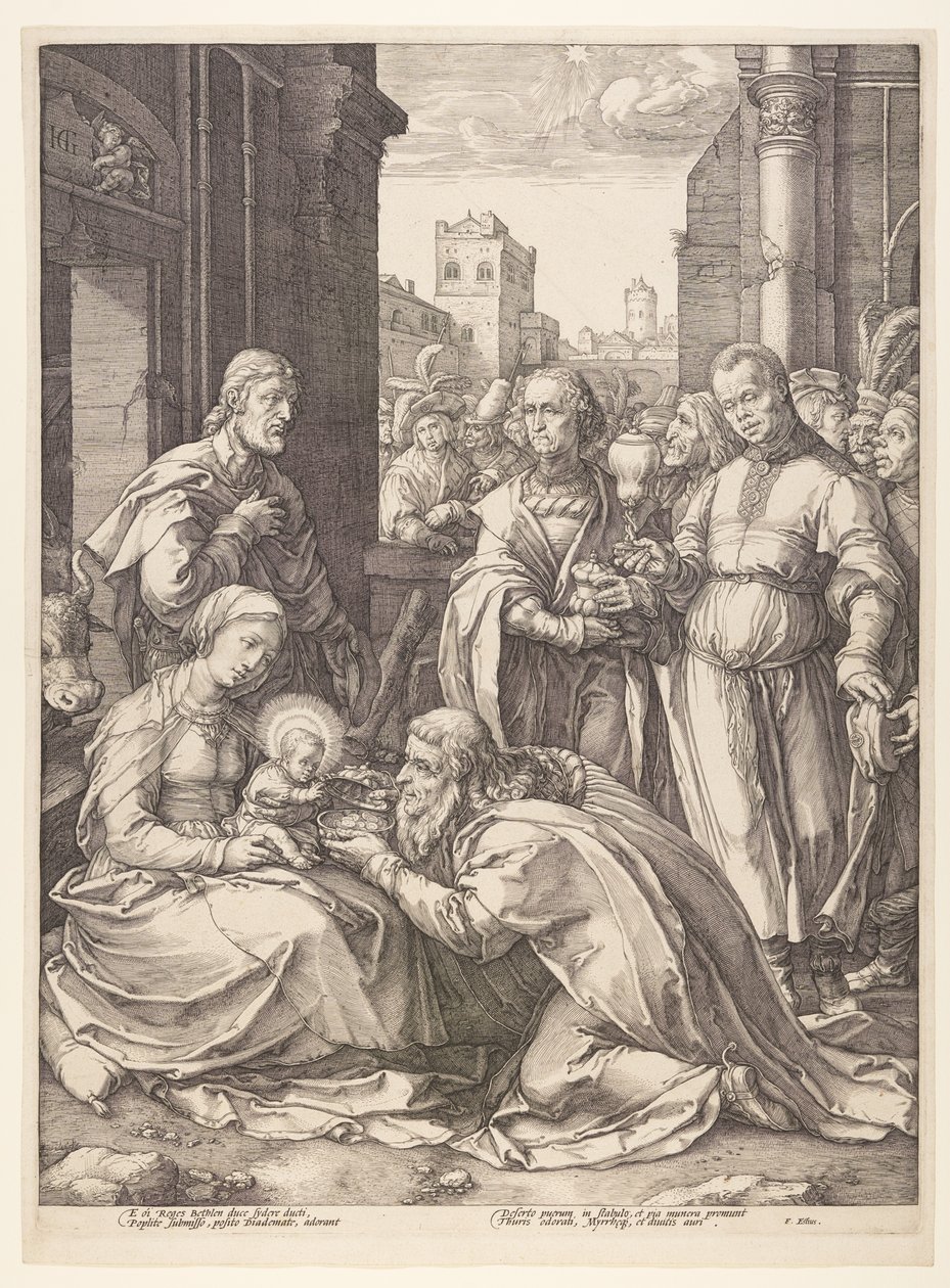A bölcsek imádása, A Krisztus születése és korai élete című könyvből alkotó: Hendrick Goltzius