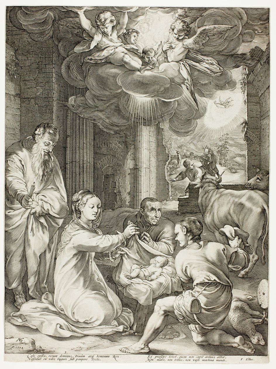 A Pásztorok imádása, harmadik tábla Krisztus születése és korai élete című könyvéből alkotó: Hendrick Goltzius