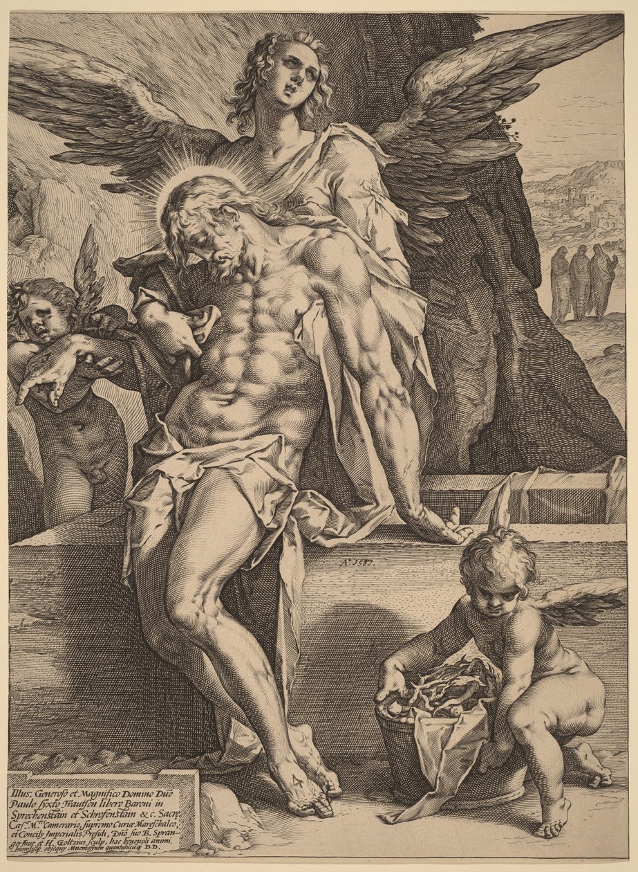 Krisztus angyalok által tartott teste alkotó: Hendrick Goltzius