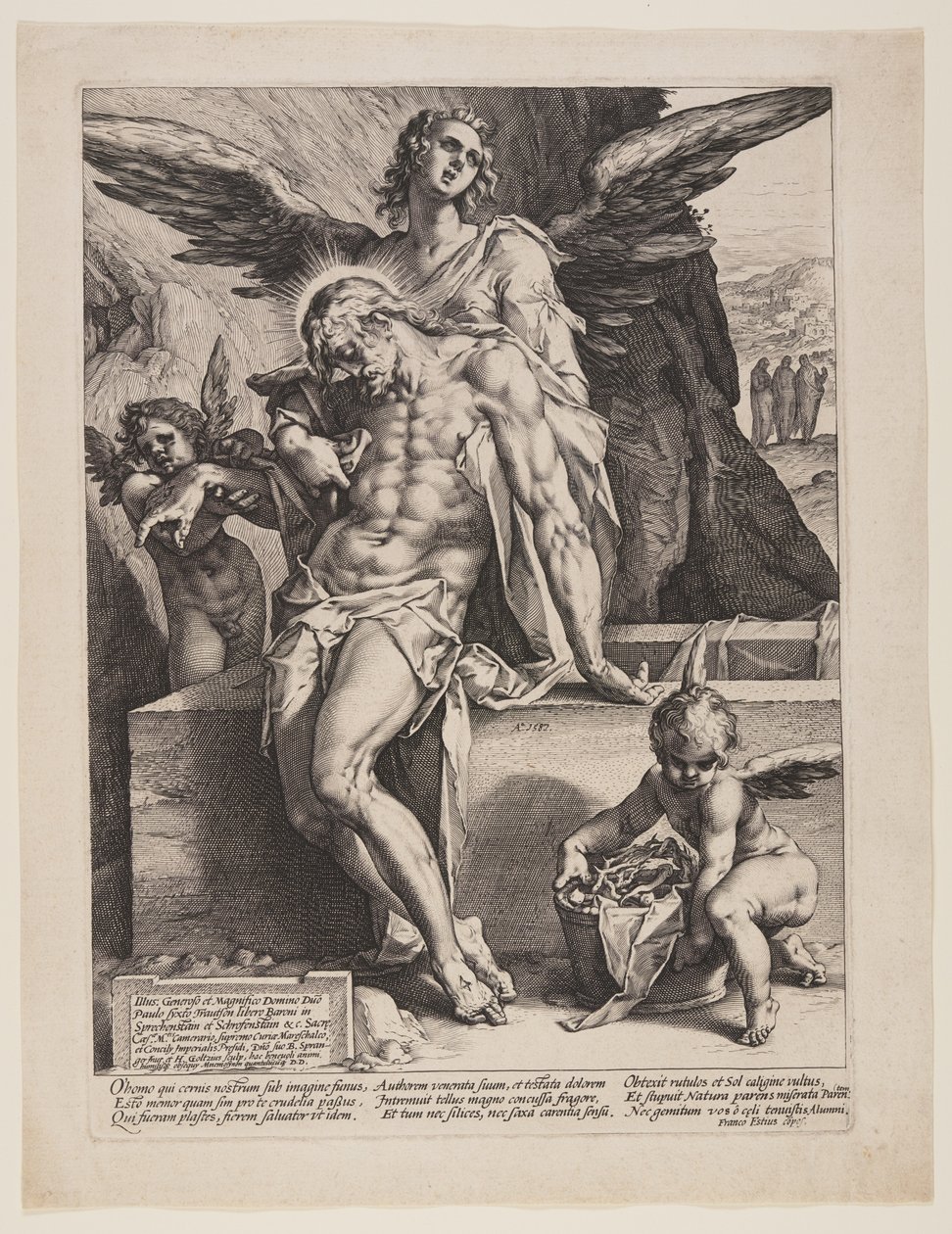 A halott Megváltó, akit egy angyal támogat alkotó: Hendrick Goltzius