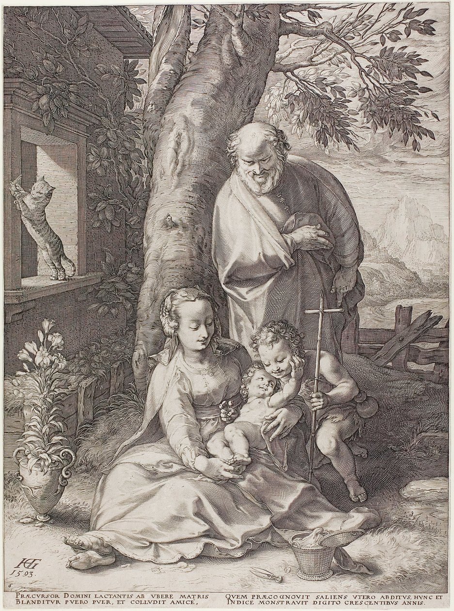 A Szent Család Keresztelő János csecsemővel, hatodik tábla Krisztus születése és korai élete című könyvből alkotó: Hendrick Goltzius