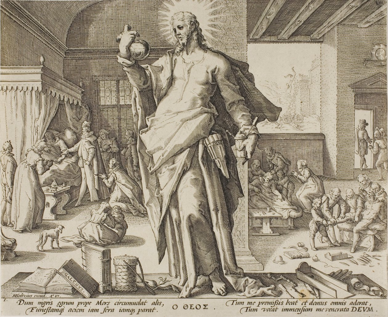 Az Istennek tartott orvos, az egyik tábla az orvosi hivatás allegóriáiból. alkotó: Hendrick Goltzius