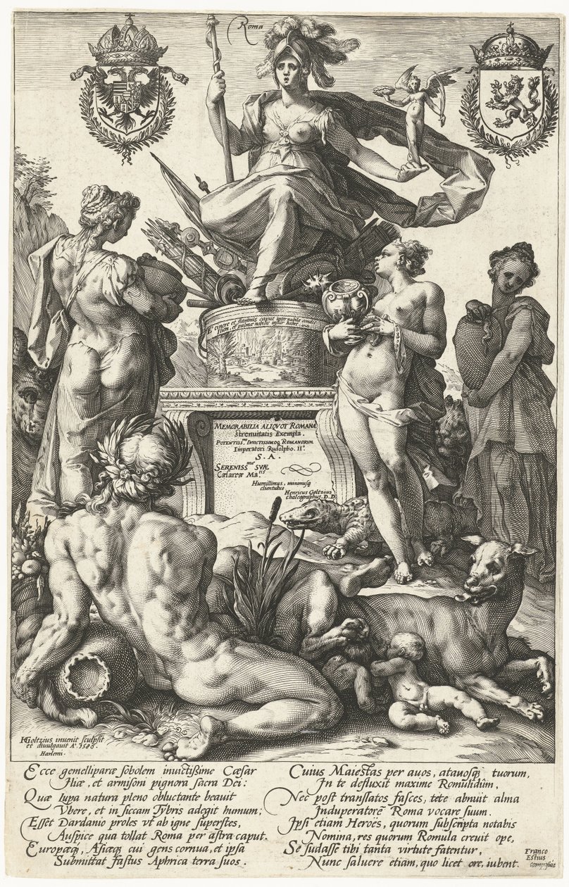 Címnyomat a The Roman Heroes nyomtatványsorozathoz Roma (cím a tárgyon) A római hősök (sorozat címe) alkotó: Hendrick Goltzius