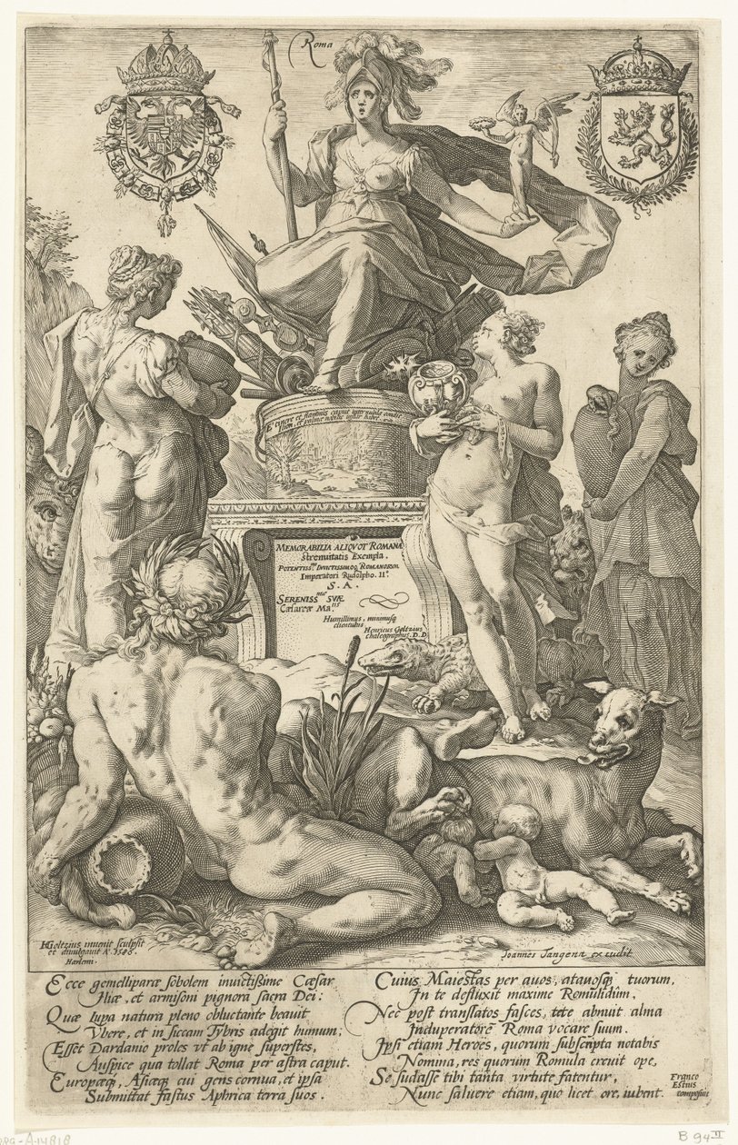 Címnyomat a The Roman Heroes nyomtatványsorozathoz Roma (cím a tárgyon) A római hősök (sorozat címe) alkotó: Hendrick Goltzius