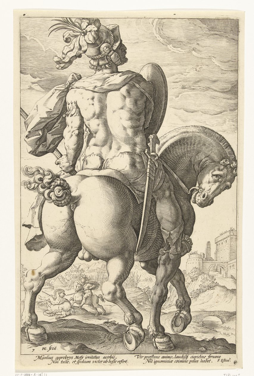 Titus Manlius lóháton A római hősök (sorozat címe) alkotó: Hendrick Goltzius