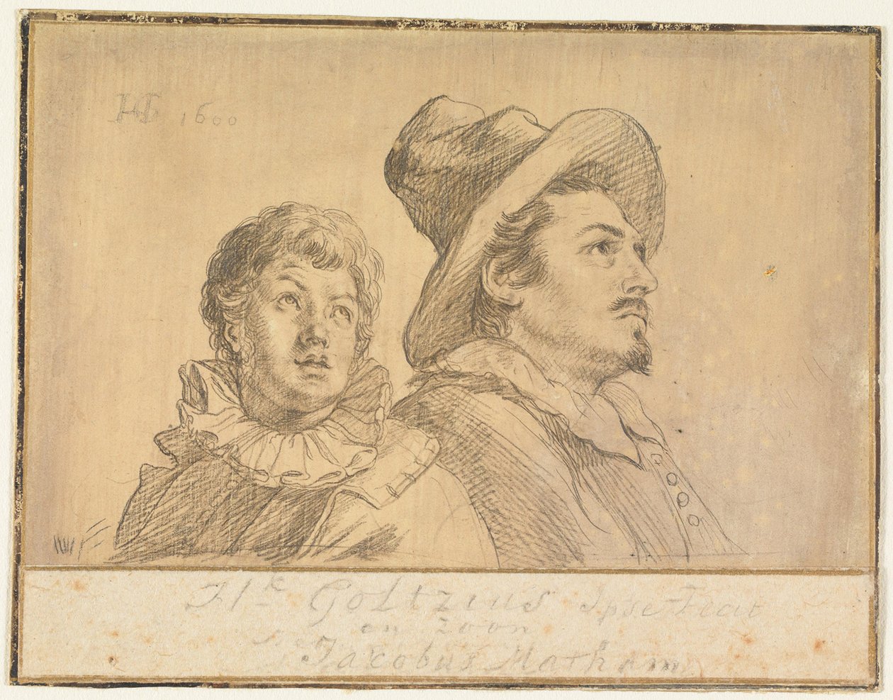 Két férfi, valószínűleg Jan Matthijs Ban és Philips van Winghe (előoldal). Kalapos fiú, félalakban. Karjaiban egy halott, ősz hajú öregembert tart (hátoldal) alkotó: Hendrick Goltzius