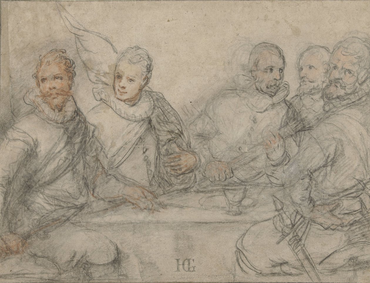 Öt tiszt, tanulj egy fegyveres étkezéshez. alkotó: Hendrick Goltzius