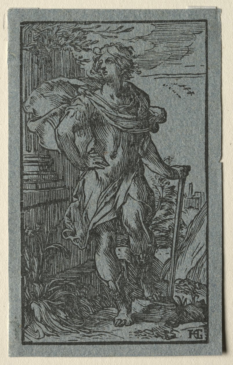 Fiatal férfi állt egy bottal alkotó: Hendrick Goltzius