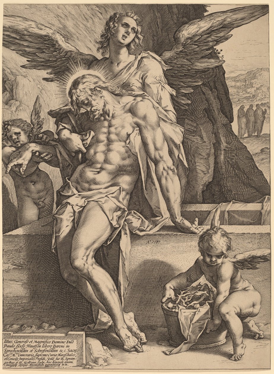 Krisztus angyalok által támogatott teste alkotó: Hendrick Goltzius, after Bartholomaeus Spranger