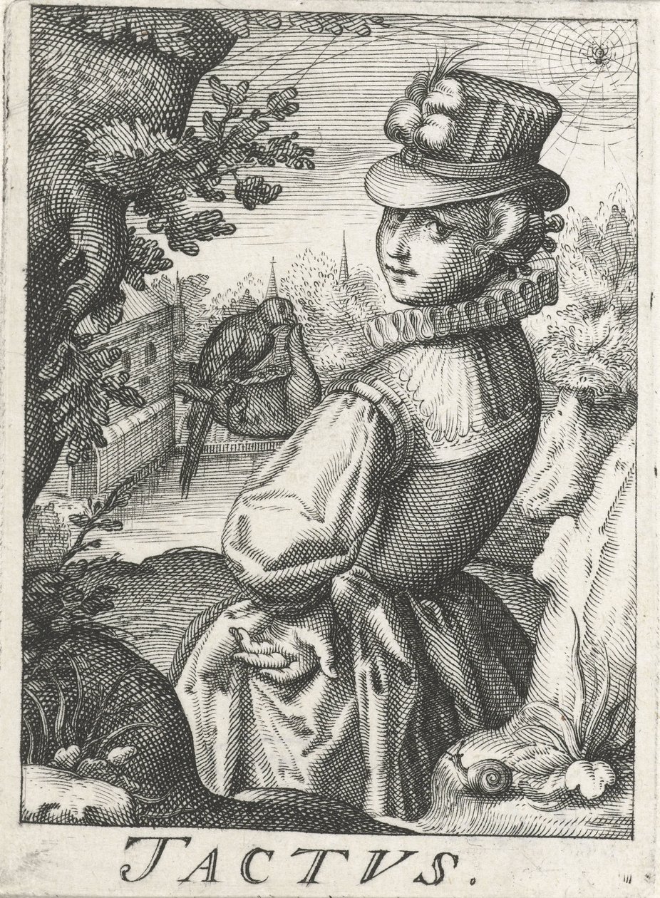 Feeling (Tactus), egy nő madárral Tactus (cím az objektumon) Az öt érzék (sorozat címe) alkotó: Hendrick Hondius (rejected attribution)