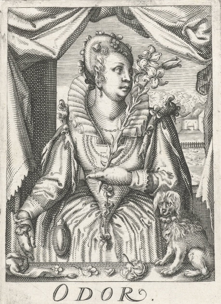 Illat (Odor), virágágú nő Szag (cím a tárgyon) Az öt érzék (sorozat címe) alkotó: Hendrick Hondius (rejected attribution)