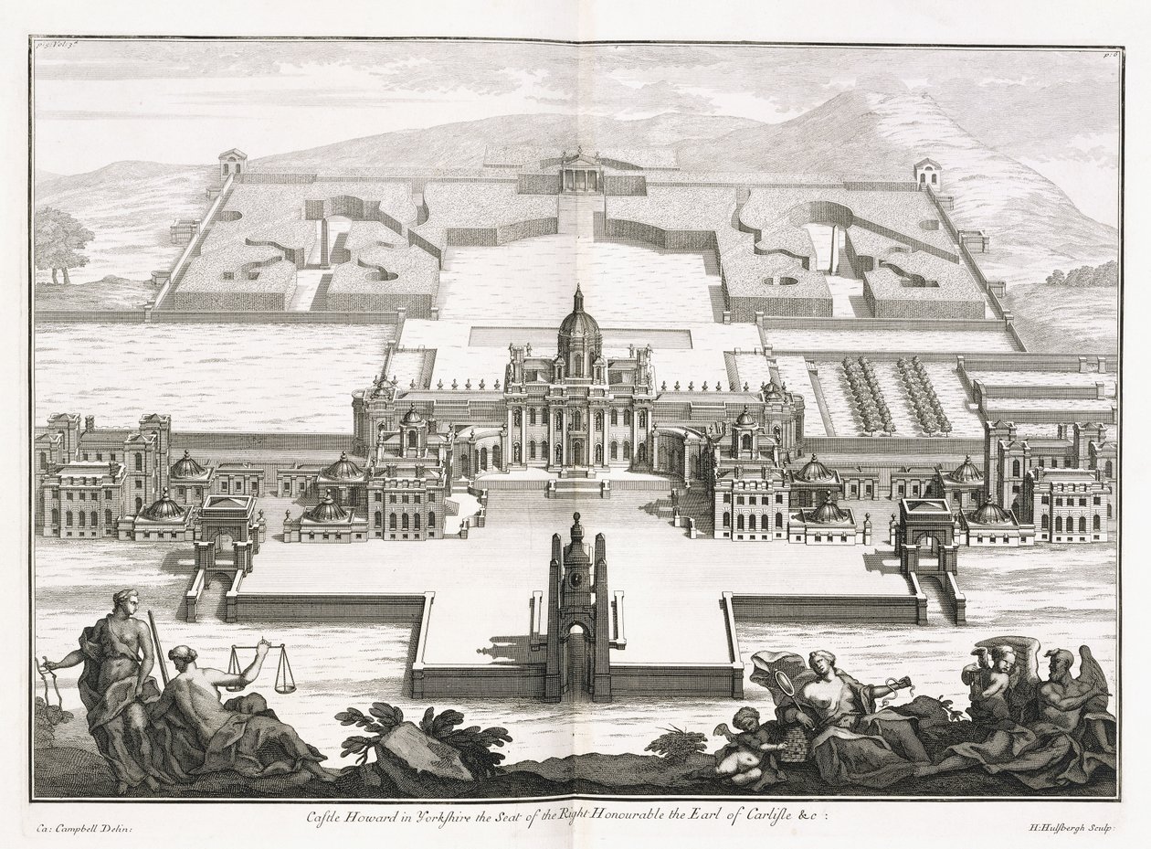Howard kastély Yorkshire-ben, a "Vitruvius Britannicus"-ból, vagy "A brit építész, amely tartalmazza a nagy-britanniai köz- és magánépületek terveit, domborzatait és metszeteit" Colin Campbell alkotó: Hendrick Hulsberg