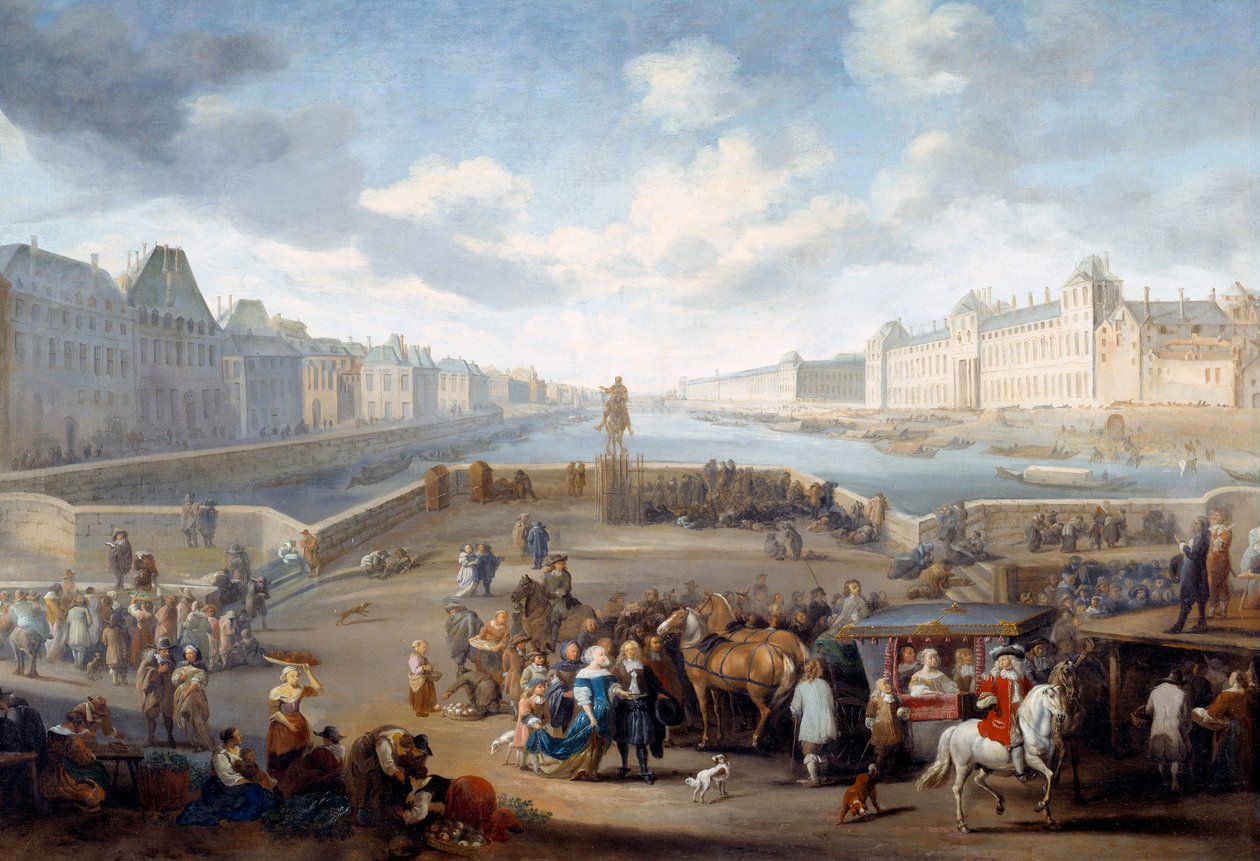 A Szajnán átívelő híd Párizs kilátásának részlete a Louvre-val a Henri IV-ből. Hendricks Mommers festménye (1623-1693) Ec. Hol. alkotó: Hendrick Mommers